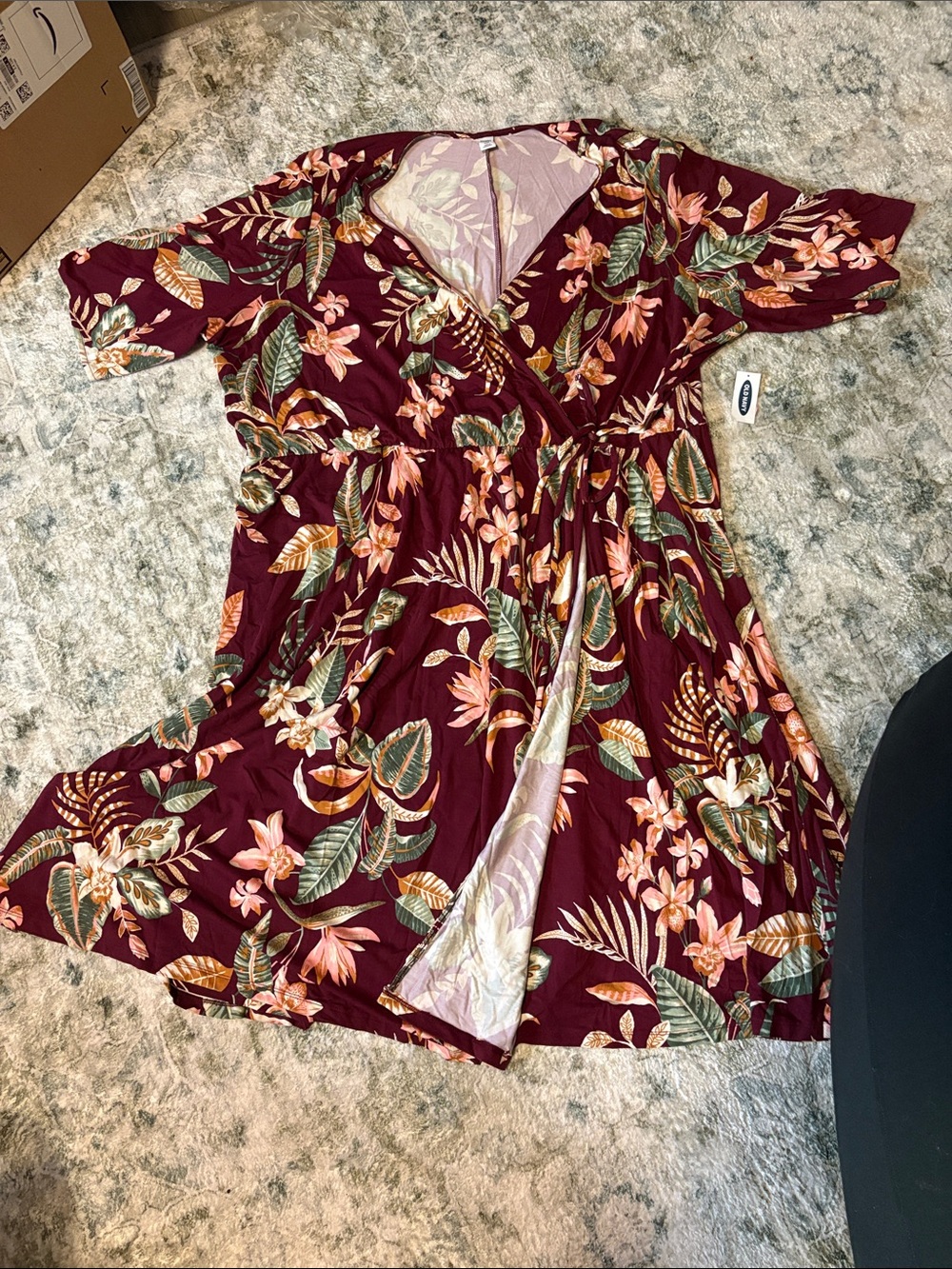 Floral Faux Wrap Dress - Burgundy Floral